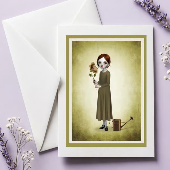 Surreal Art Greeting Card - Girl Holding Face Flower