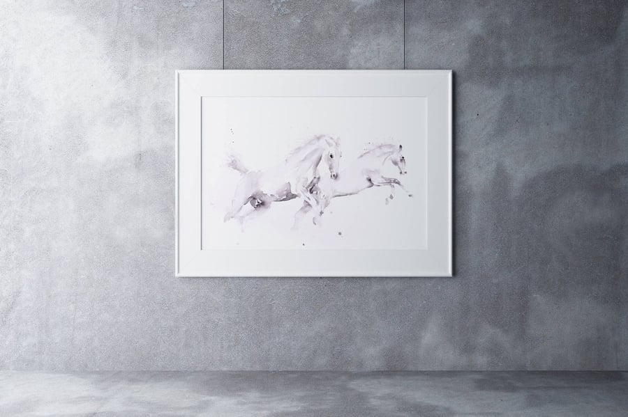 White Horses Watercolour Painting Limited Edition Art Print
