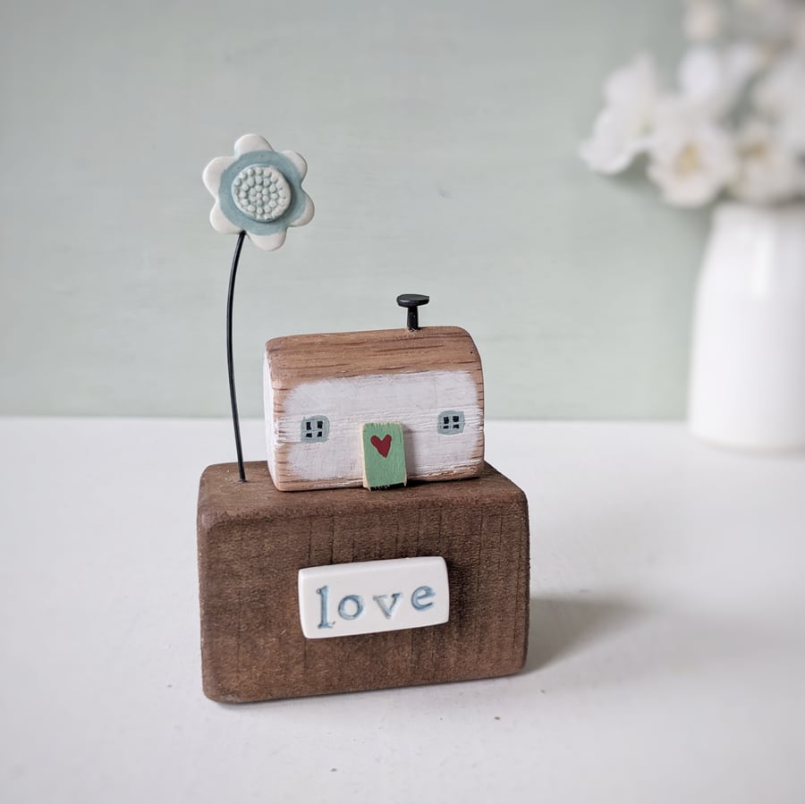 Little Wooden Cottage with Clay Flower 'love'