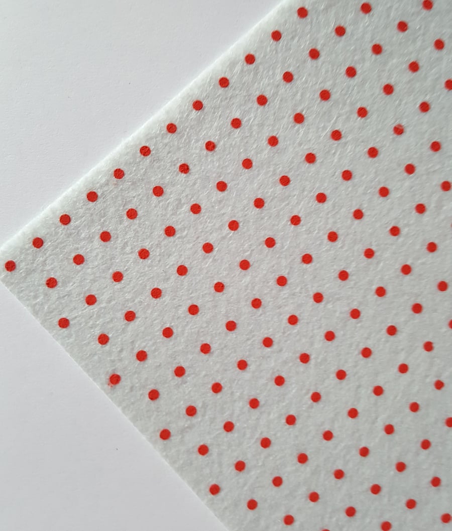 1 x Printed Felt Square - 12" x 12" - Polka Dot - White (Red Dots) 