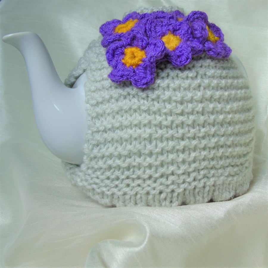Violets topped tea cosy - hand knitted - to fit a 4 - 6 cup teapot