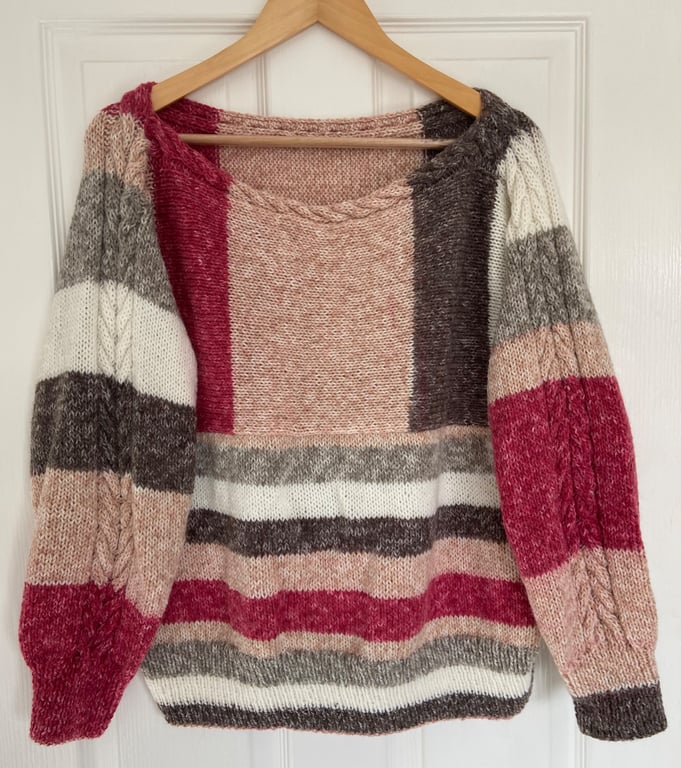 Hand Knit Jumper - Striped with cable details. 