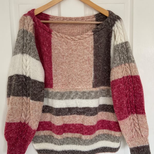 Hand Knit Jumper - Striped with cable details. 