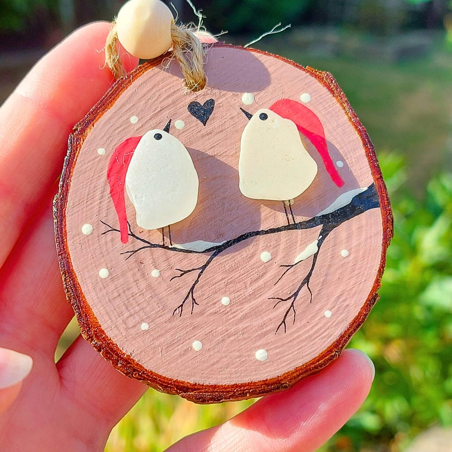 Sea Glass Lovebirds Christmas Ornament, Handmade Quirky Coastal Tree Decoration