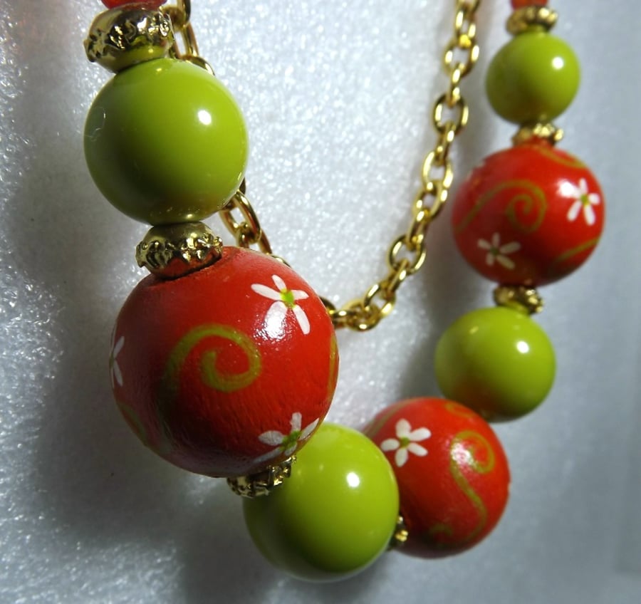 HALF PRICE Hand Painted Wooden Bead Orange Green Necklace