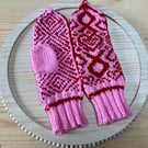 Hand Knitted Nordic Style Ladies Mittens in Pink and Crimson