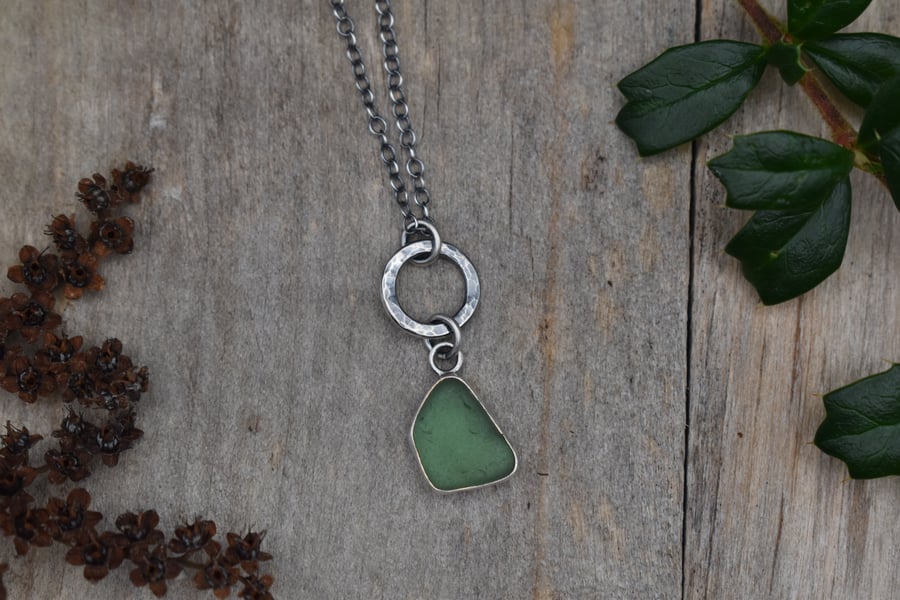 Sea Glass and Recycled Silver Bezel Set Necklace, Teal Green Scottish Sea Glass