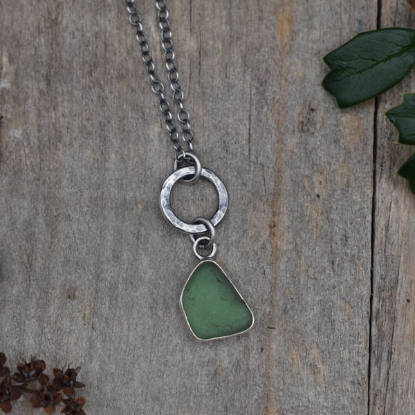 Sea Glass and Recycled Silver Bezel Set Necklace, Teal Green Scottish Sea Glass
