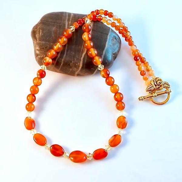 Carnelian Necklace With Pale Yellow Swarovski Crystals - Handmade In Devon