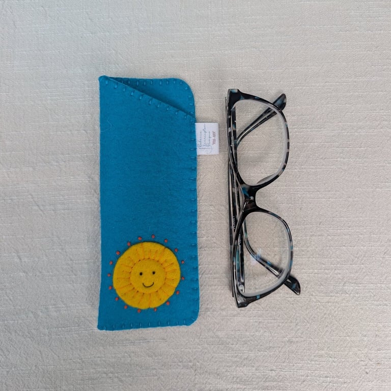 Cheerful Sunshine Wool Felt Glasses Case - Hand Embroidered Spectacle Pouch  