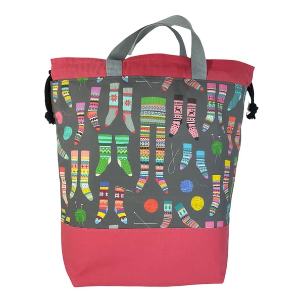 Extra Large drawstring knitting bag with Scandinavian sock print, multi pockets 