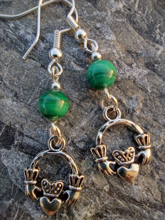 Natural GENUINE Malachite handmade Irish claddagh charm earrings.