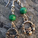 Natural GENUINE Malachite handmade Irish claddagh charm earrings.