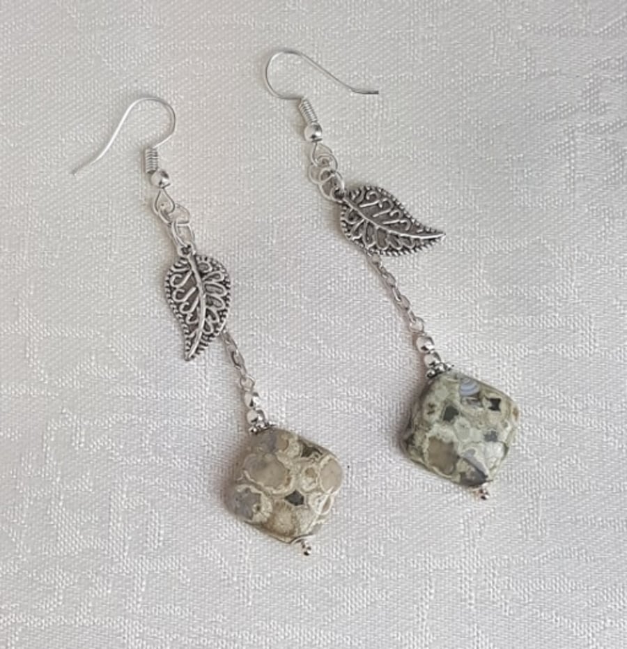 Gorgeous Rainforest Jasper and leaf charm earrings