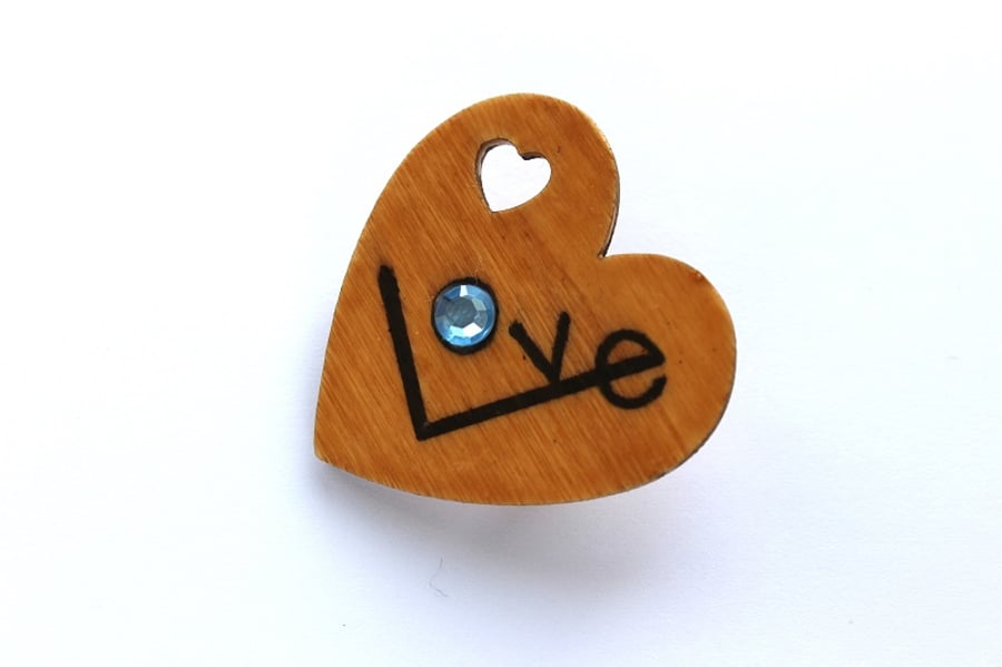 Wooden Big Love Heart Brooch