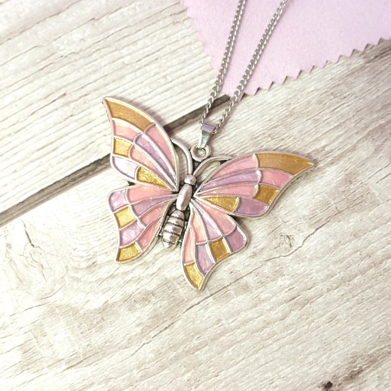 Pink butterfly necklace with gold and rose gold enamels
