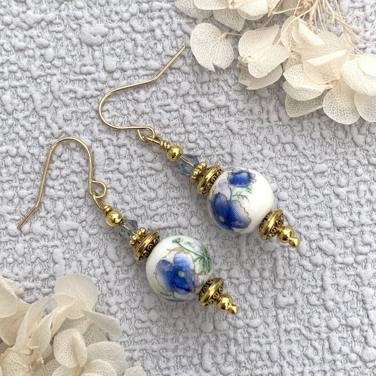 Chinese Style Porcelain Bead Drop Earrings