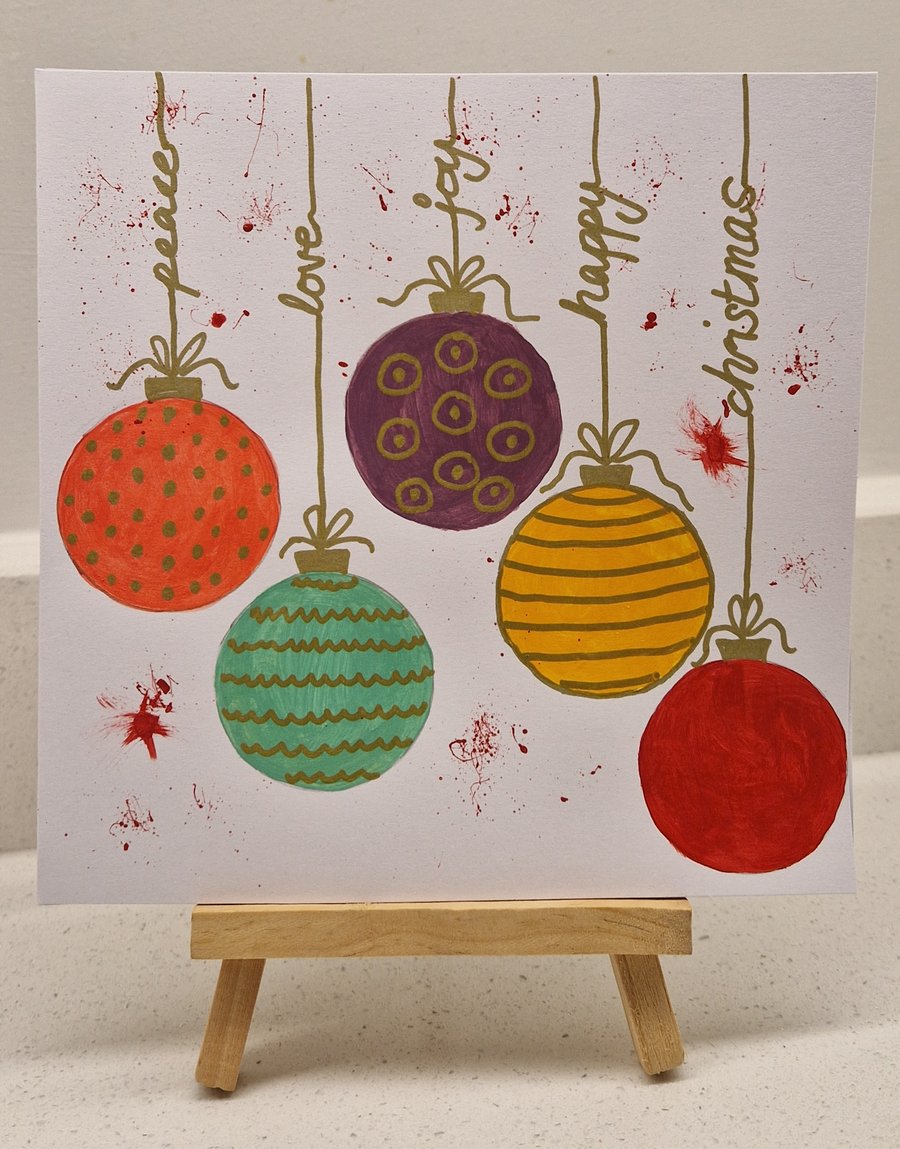 Handpainted Christmas baubles Christmas card Joy Love Peace watercolour
