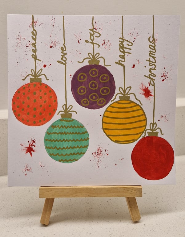 Handpainted Christmas baubles Christmas card Joy Love Peace watercolour