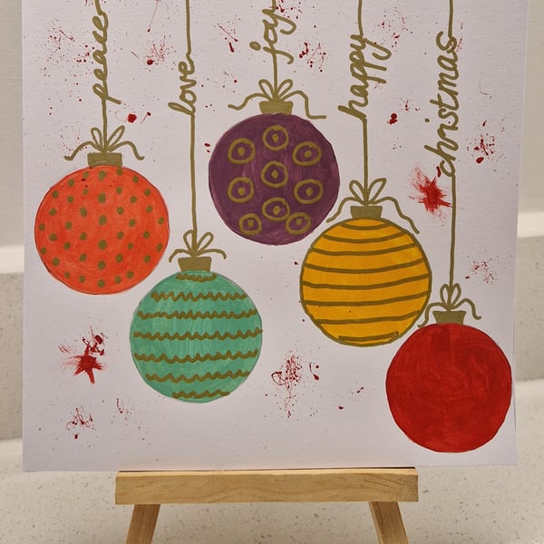 Handpainted Christmas baubles Christmas card Joy Love Peace watercolour