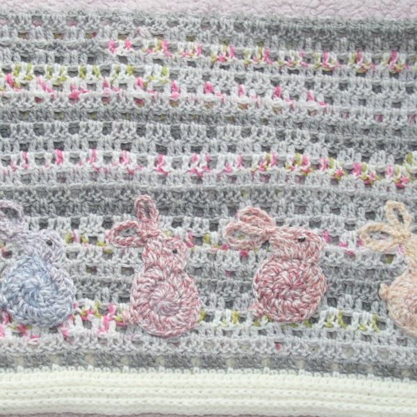 Handmade Crochet Baby Blanket with Bunny Applique - Pastel Pram Blanket 