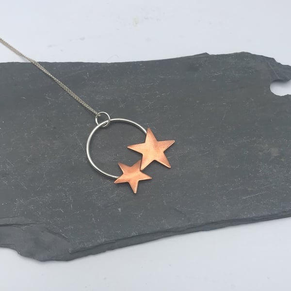 Circle & Stars Necklace - Beautiful Handmade Copper and Sterling Silver 925