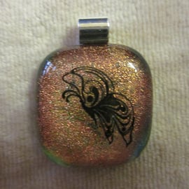 Handmade dichroic glass cabochon pendant - Salmon with black enamel butterfly