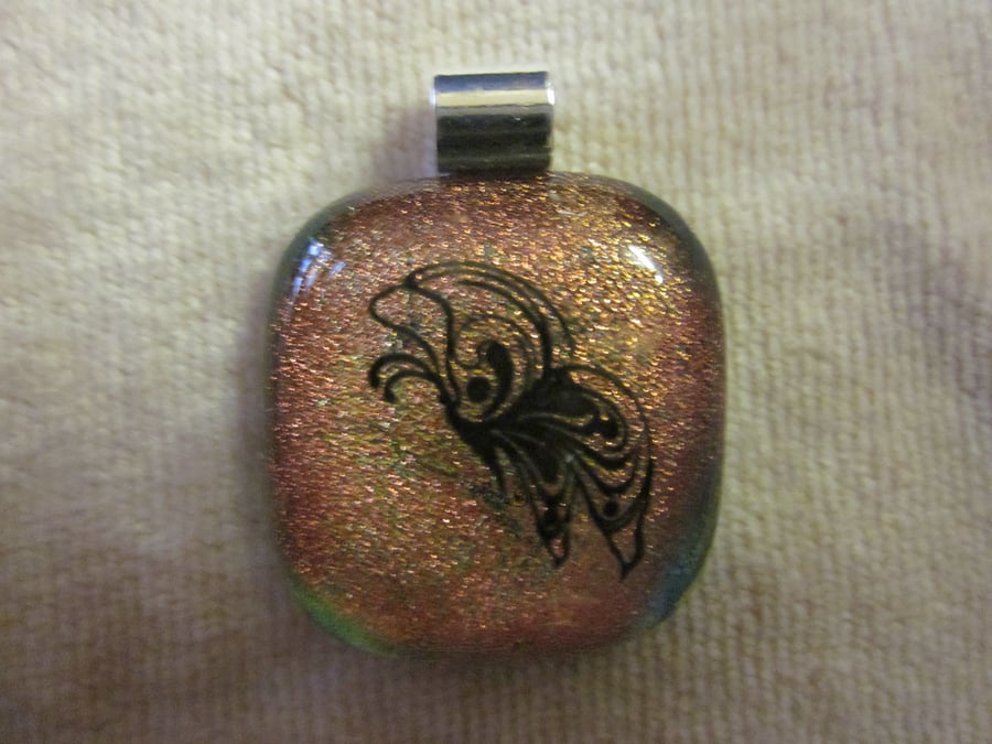 Handmade dichroic glass cabochon pendant - Salmon with black enamel butterfly