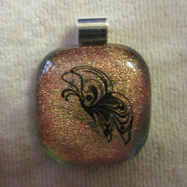 Handmade dichroic glass cabochon pendant - Salmon with black enamel butterfly