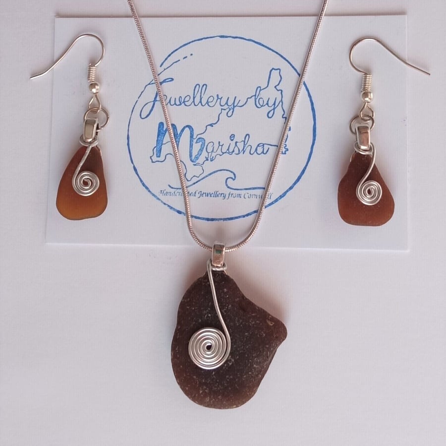 Rich Brown Wire-Wrapped Handmade Cornish Seaglass Necklace & Earrings Gift Set