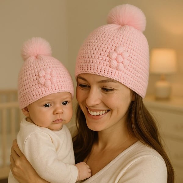 Matching ladies and baby pink crocheted hats with detachable faux fur pompoms 