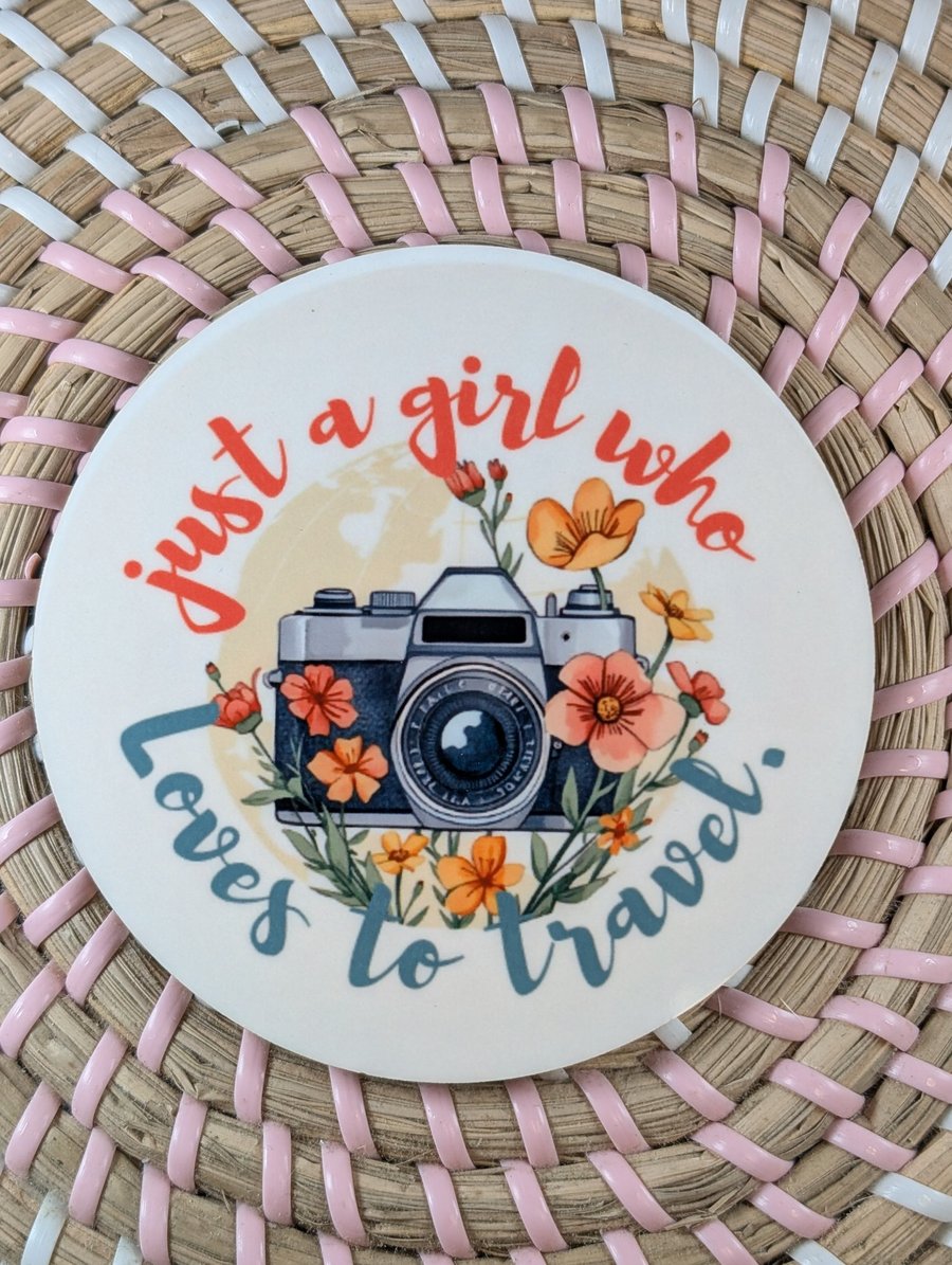 Just a Girl Who Loves to Travel Coaster – Travel Gift – Camera & Flowers