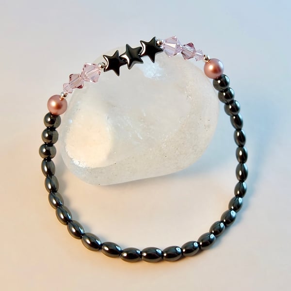 Hematite Star Bracelet With Swarovski Pink Pearls & Crystals - Handmade In Devon