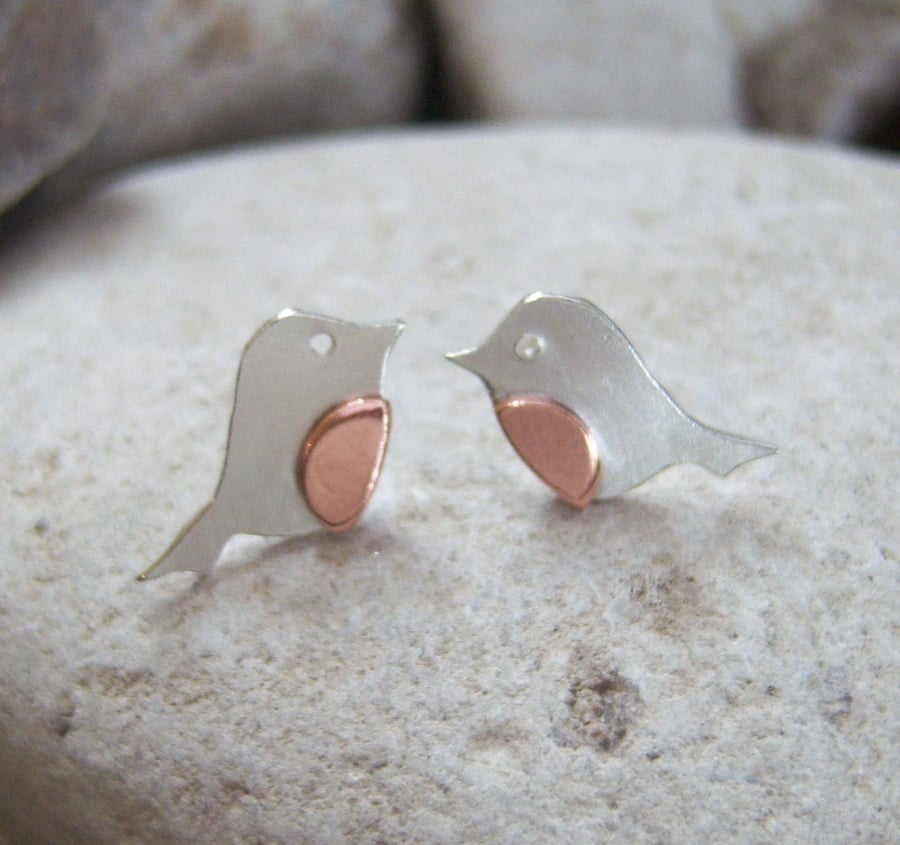 Robin ear studs in sterling silver and copper
