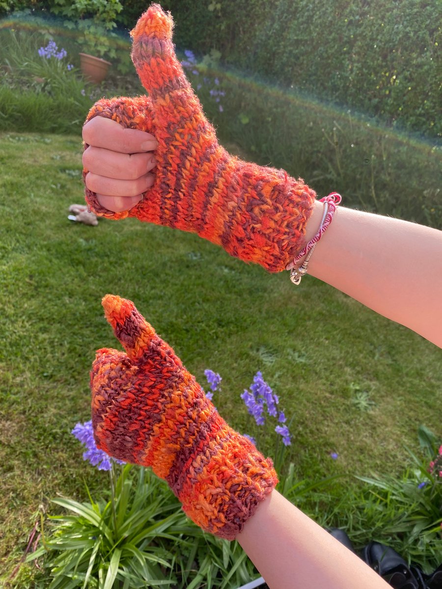 Banana silk Bonfire mittens , handknitted