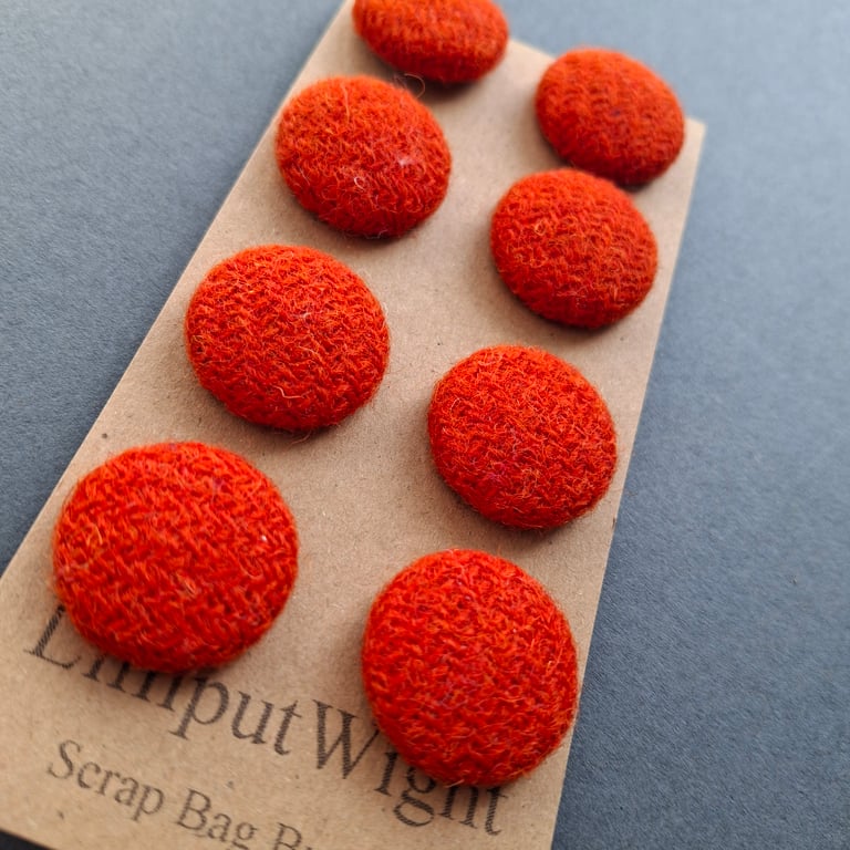 Set of eight scrap bag buttons - bright red Harris Tweed
