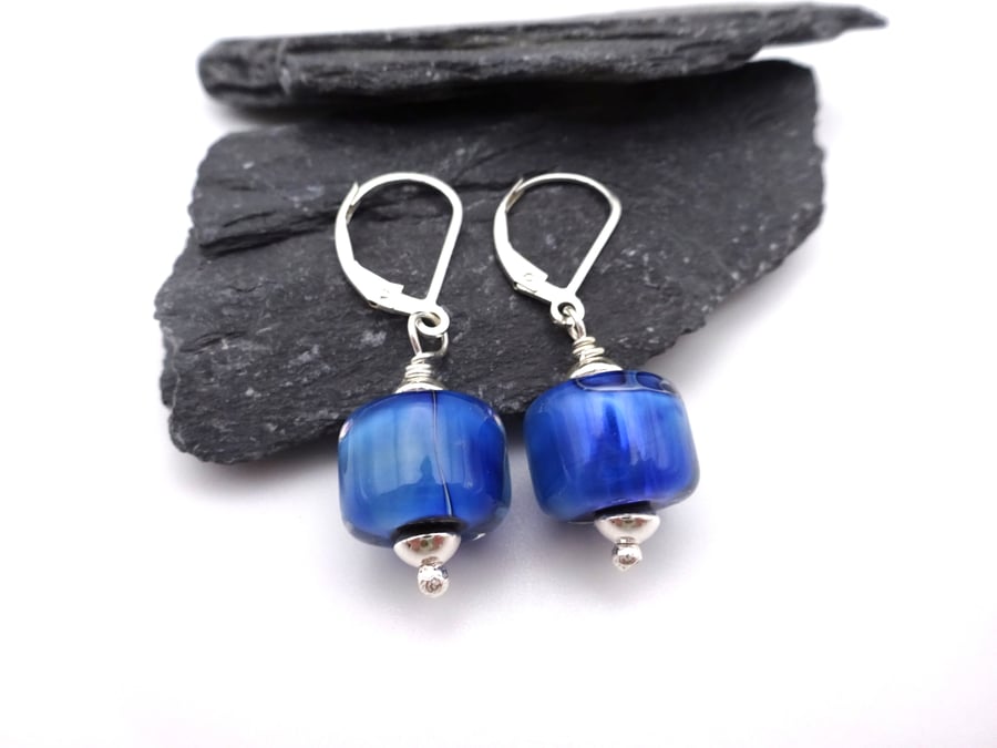 lampwork glass blue earrings, sterling silver jewellery