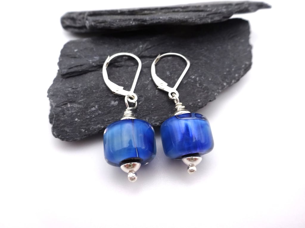 lampwork glass blue earrings, sterling silver jewellery