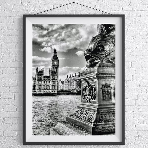 Streetlamp Outside The Palace of Westminster Black & White Photo, London