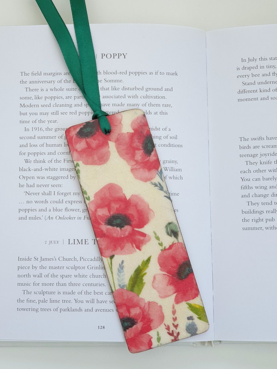 Poppies wooden bookmark, poppy decoupage, booklover gift 
