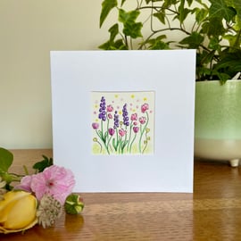 Hand painted original watercolour and ink floral greetings card.
