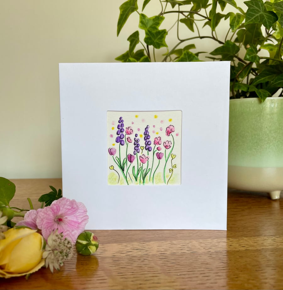 Hand painted original watercolour and ink floral greetings card.