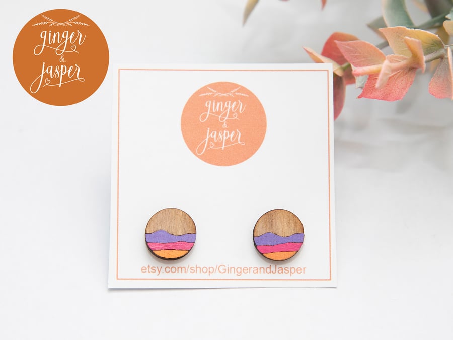 Hand Painted Wooden Earrings, Abstract Landscape Studs, Laser Cut Wood Studs