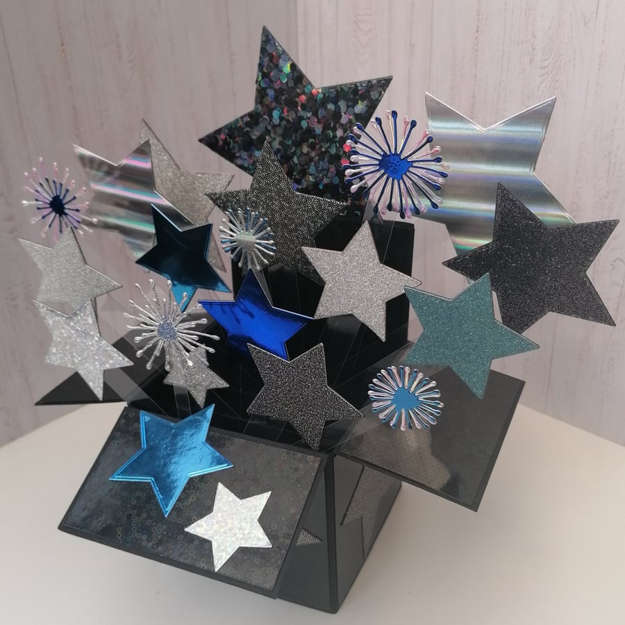 Stars and Sparkle Pop Up Birthday Card-Blue, Black