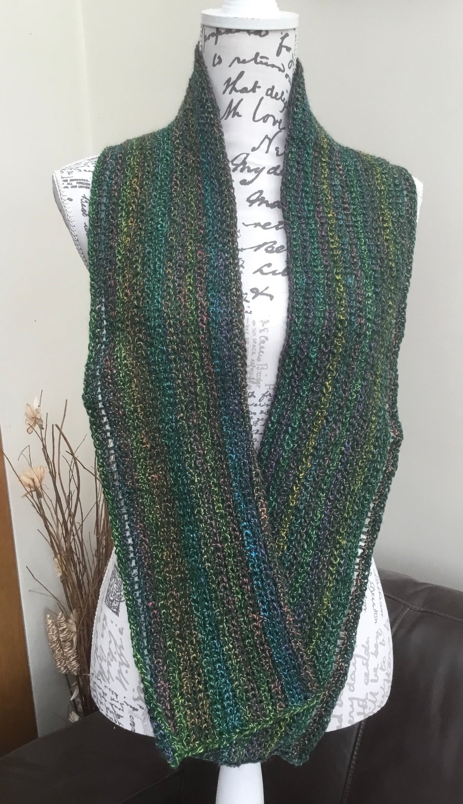 Peacock Tones!  Crocheted Slim Lightweight Scarf in Denys Brunton Designer Yarn.