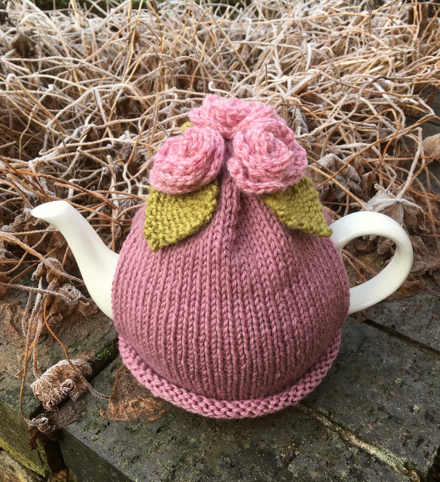 Rose Hand Knit Tea Cosy, Pink Flower Tea Cozy Folksy