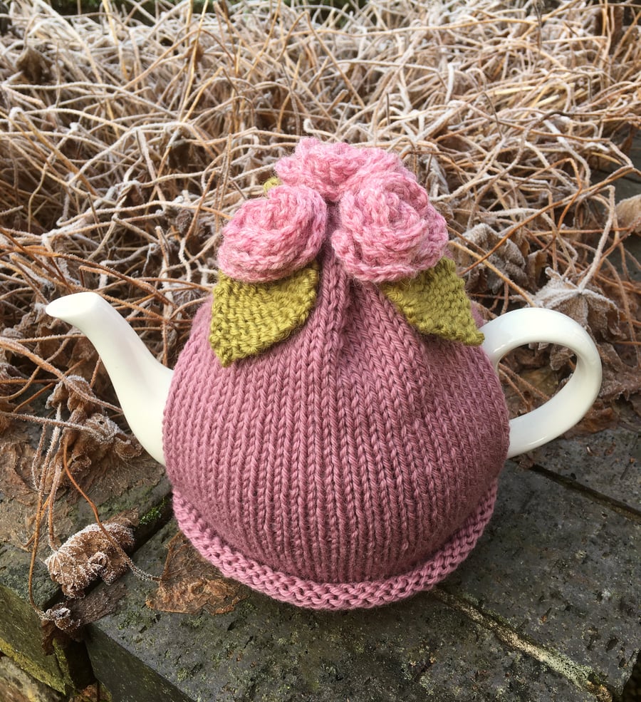 Rose Hand Knit Tea Cosy, Pink Flower Tea Cozy