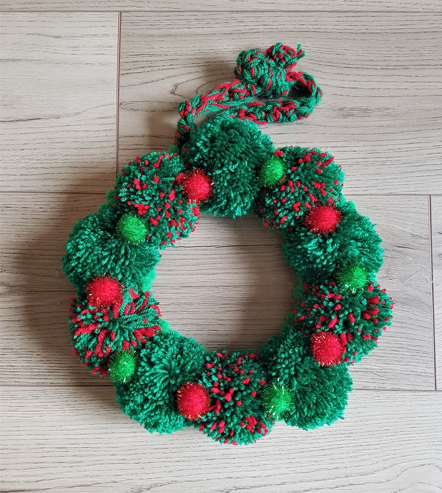 Christmas Green and Red Pom Pom Wreath 30cms 12 inches