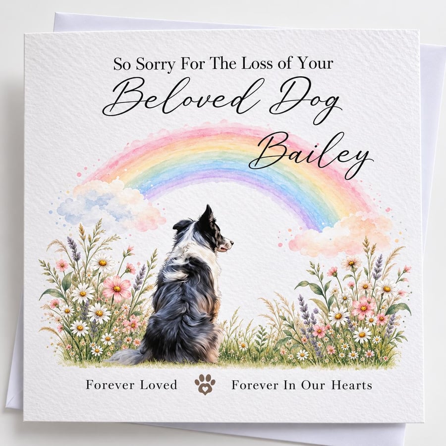 Personalised Border Collie Dog Loss Card, Pet Sympathy Card, Rainbow Bridge Card