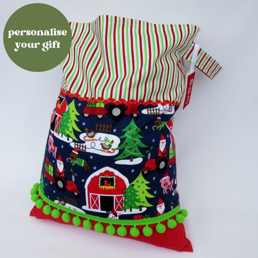 Christmas Present Sack for Toddlers - Santa on the Farm - can be personalised